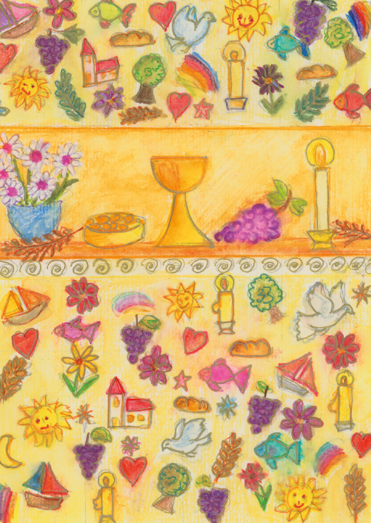 Karte zur Kommunion - Symbole & Gelb Karte zur Kommunion - Symbole & Gelb