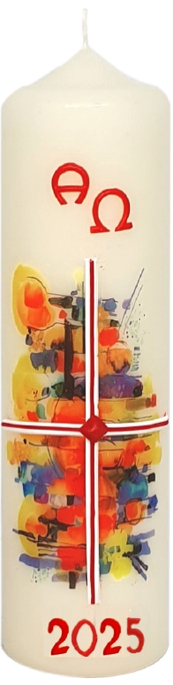 Ostertischkerze - Kreuz & Bunt & mit Jahreszahl Ostertischkerze - Kreuz & Bunt & mit Jahreszahl
