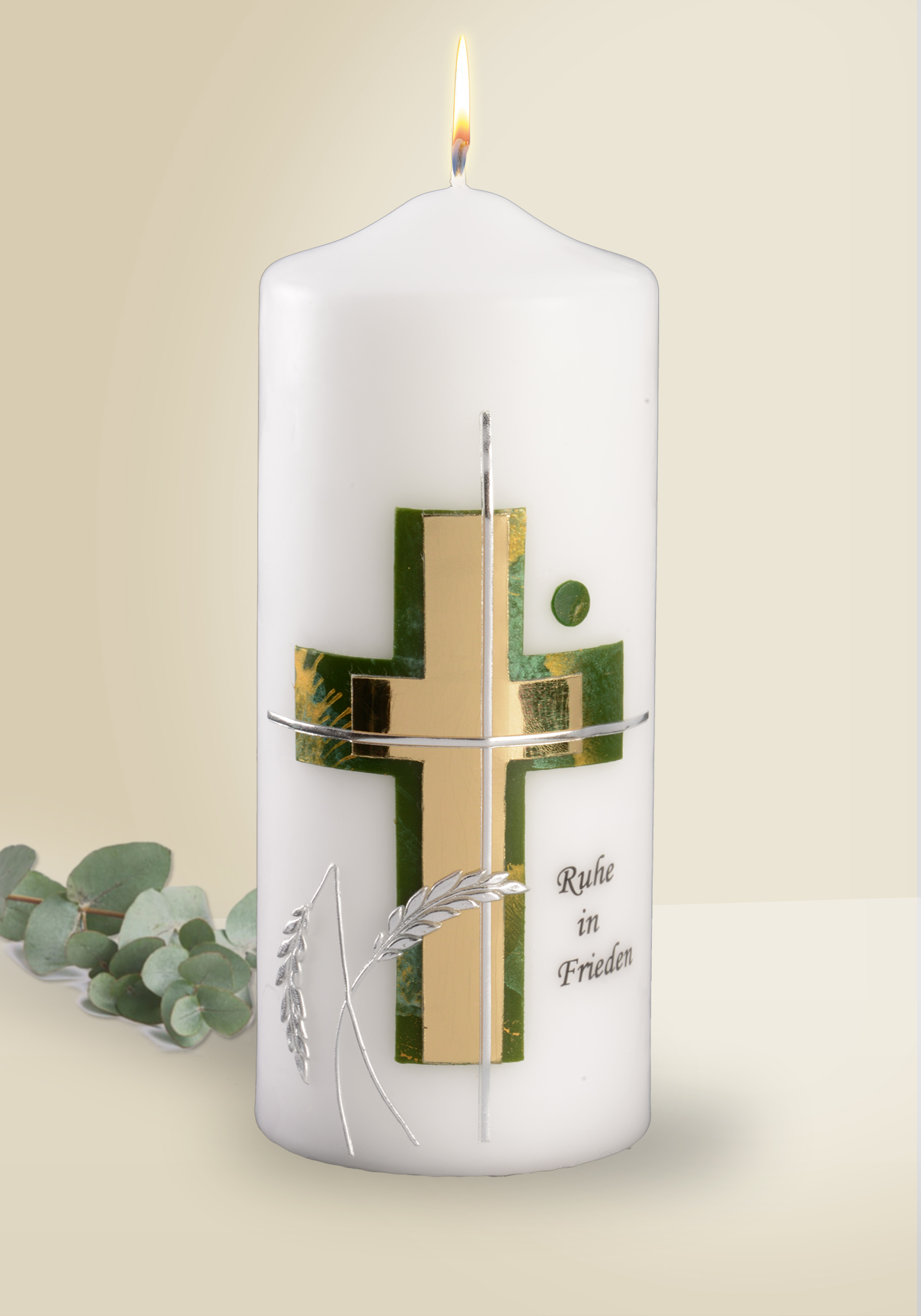 Trauerkerze - Ruhe in Frieden & Goldenes Kreuz Trauerkerze - Ruhe in Frieden & Goldenes Kreuz