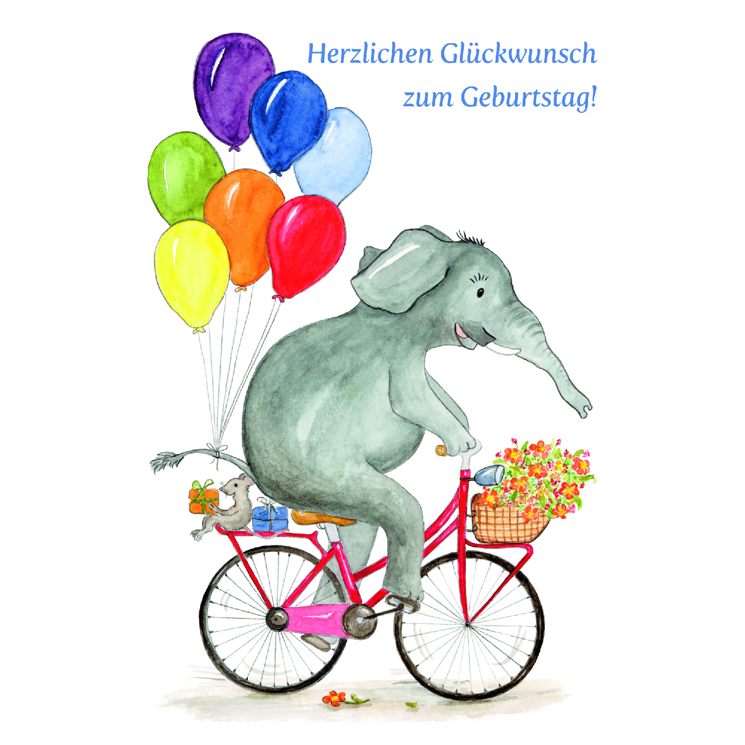 Kindergeburtstagskarte -  Elefant auf Rad & Luftballons