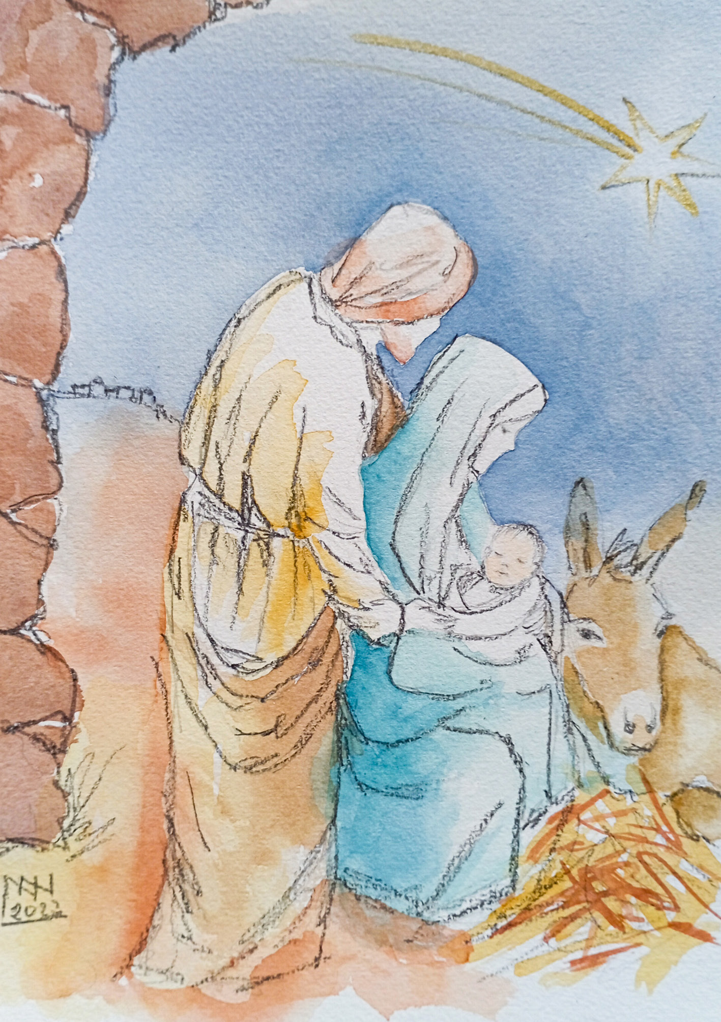 Karte zu Weihnachten – Beschützt und geborgen im Stall