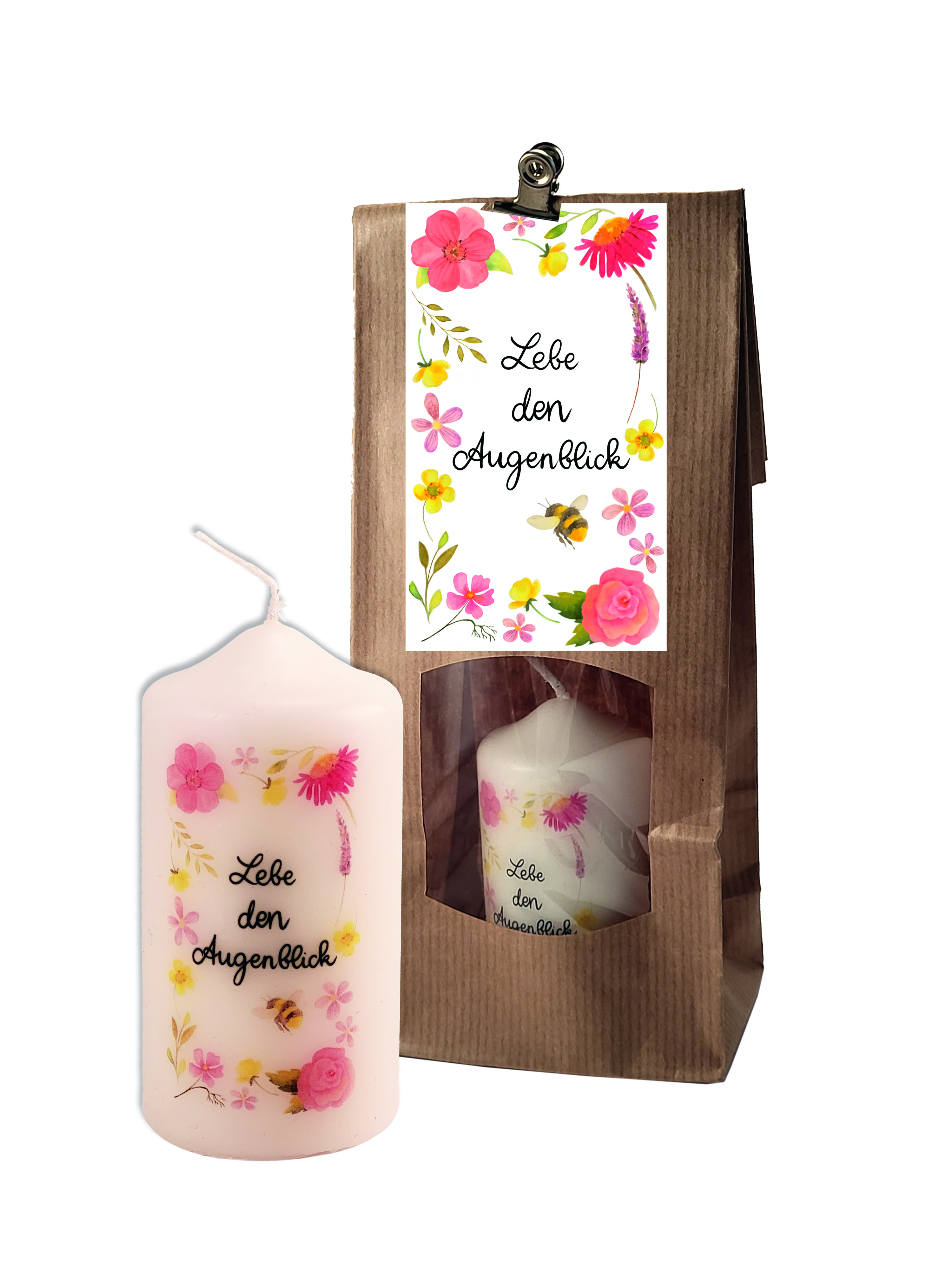 Neutrale Kerze - Lebe den Augenblick & Geschenktüte Neutrale Kerze - Lebe den Augenblick & Geschenktüte