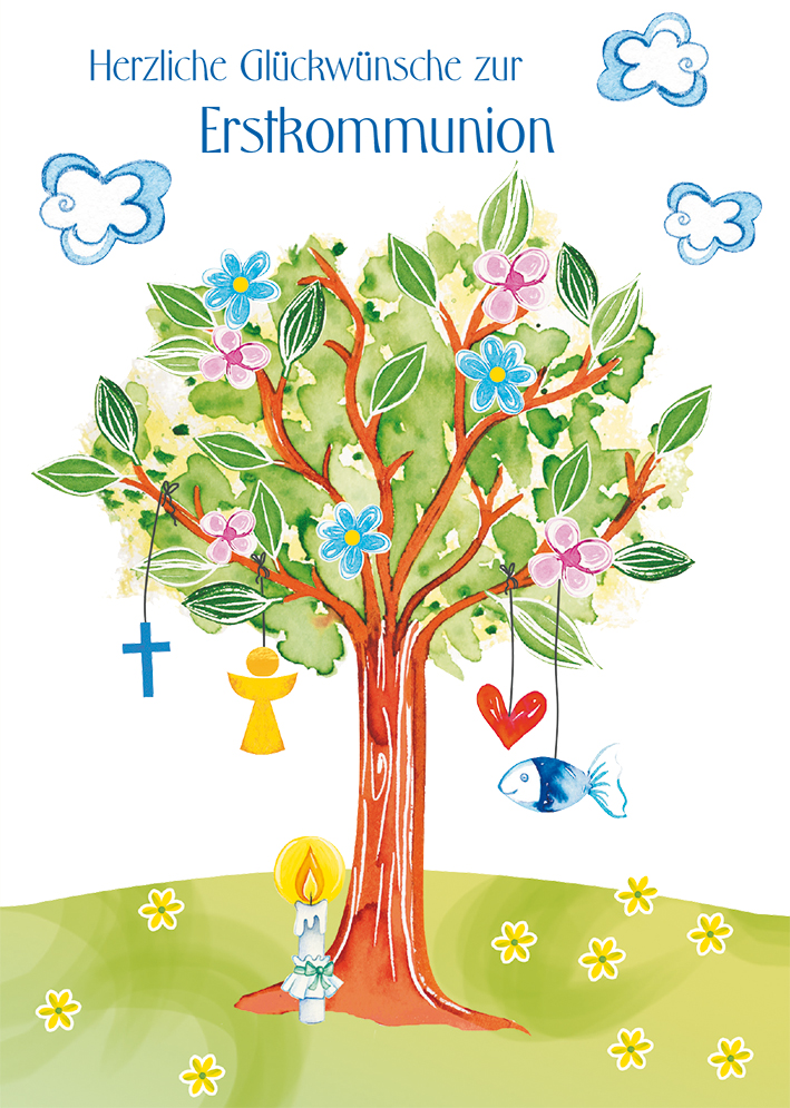 Karte zur Erstkommunion - Geschmückter Lebensbaum