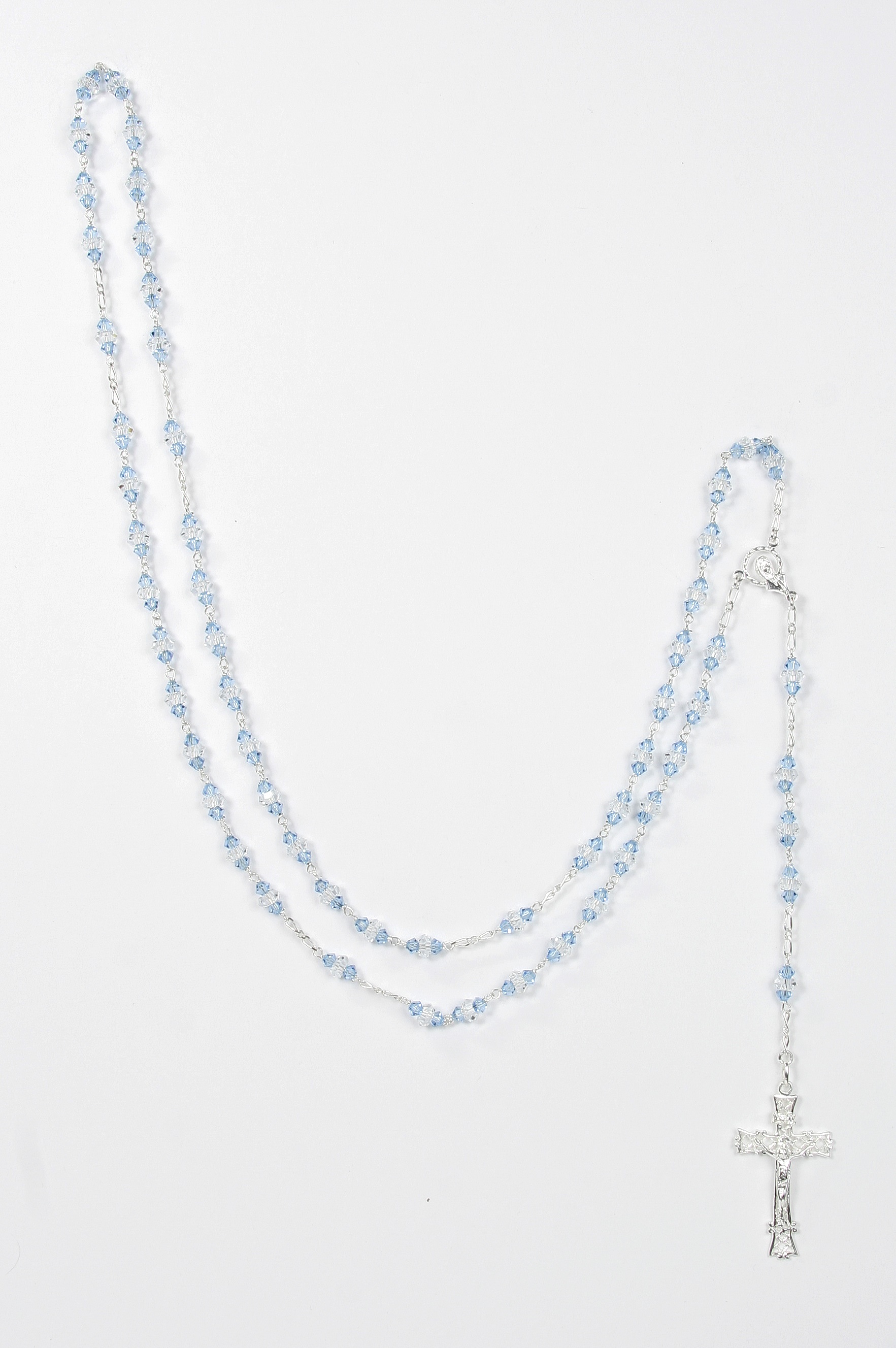Rosenkranz - Hellblaue Kristall-Perle & Silber-Kreuz