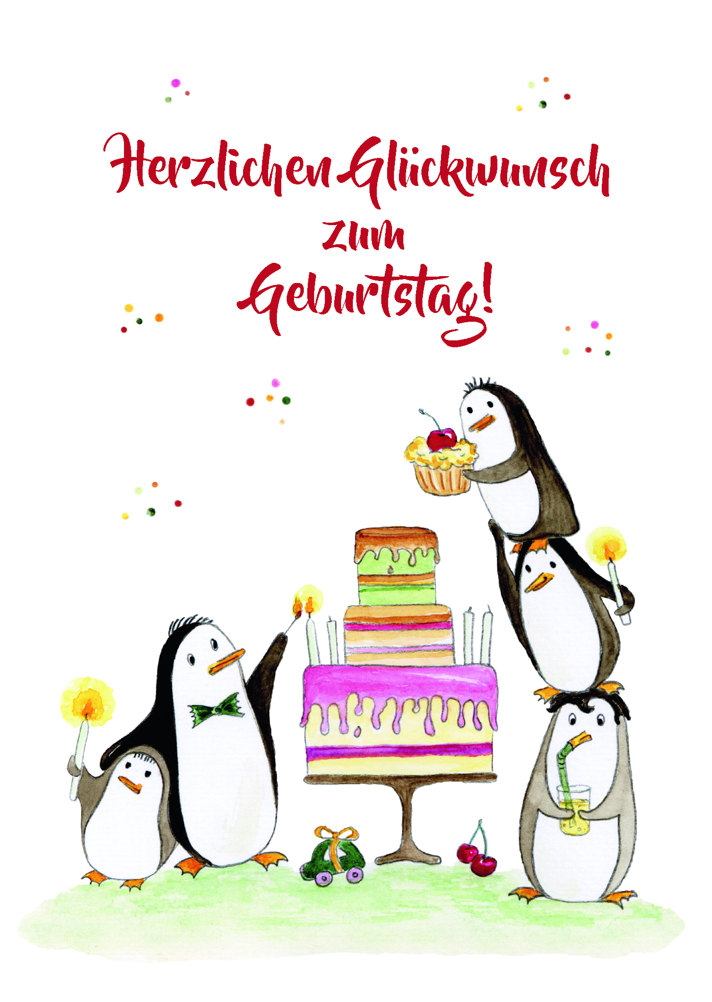Karte zum Geburtstag - Torte & Pinguine 