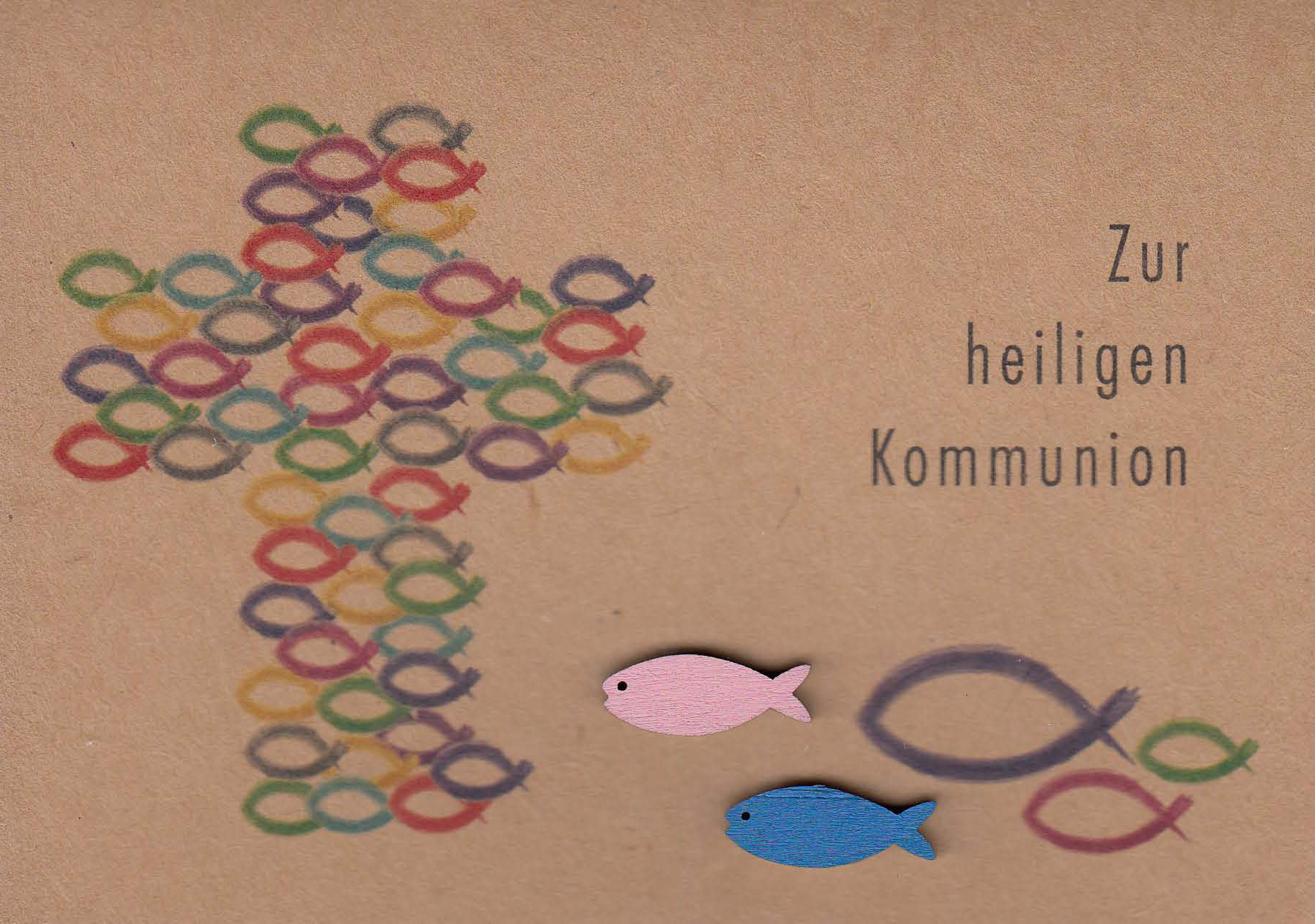 Karte zur Erstkommunion - Buntes Kreuz & Holzfische Karte zur Erstkommunion - Buntes Kreuz & Holzfische