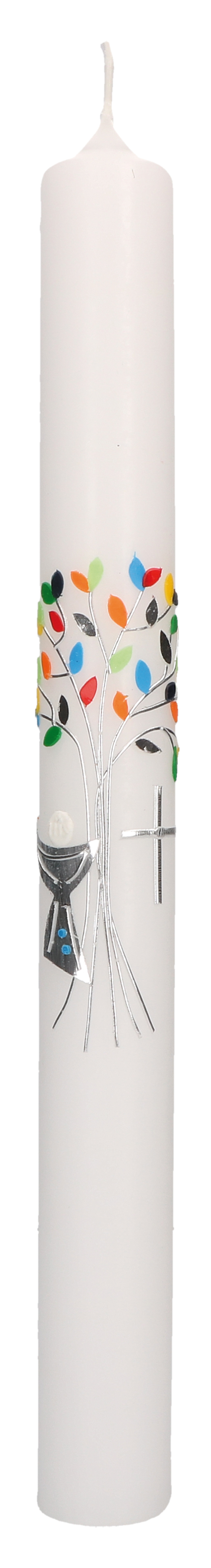 Kommunionkerze - Bunter Lebensbaum & Silber Kommunionkerze - Bunter Lebensbaum & Silber