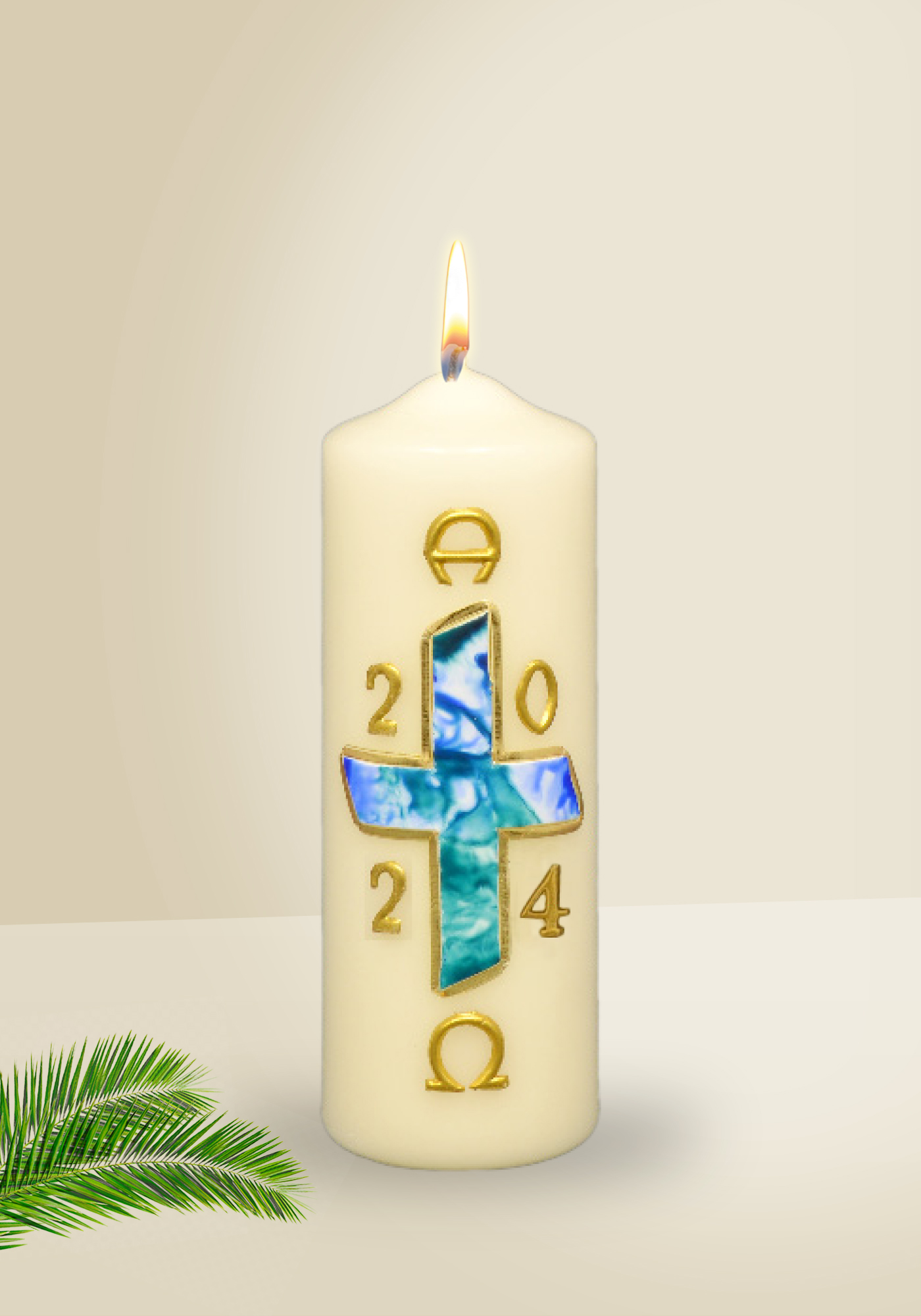 Osterkerze - Blaues Kreuz & Gold & mit Jahreszahl 2024