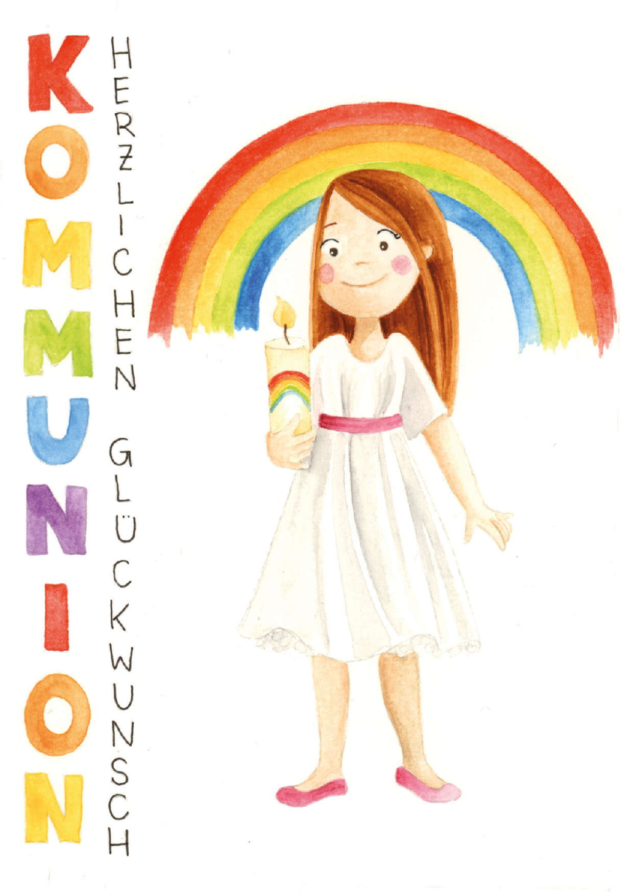 Karte zur Kommunion - Regenbogen &Mädchen