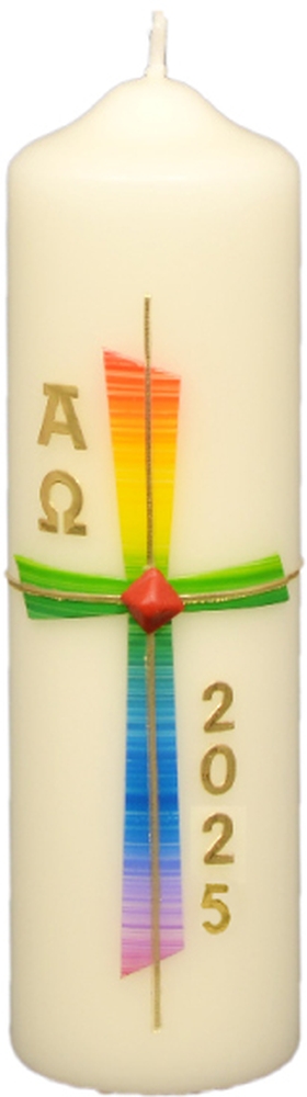 Osterkerze - Regenbogen-Kreuz & mit Jahreszahl