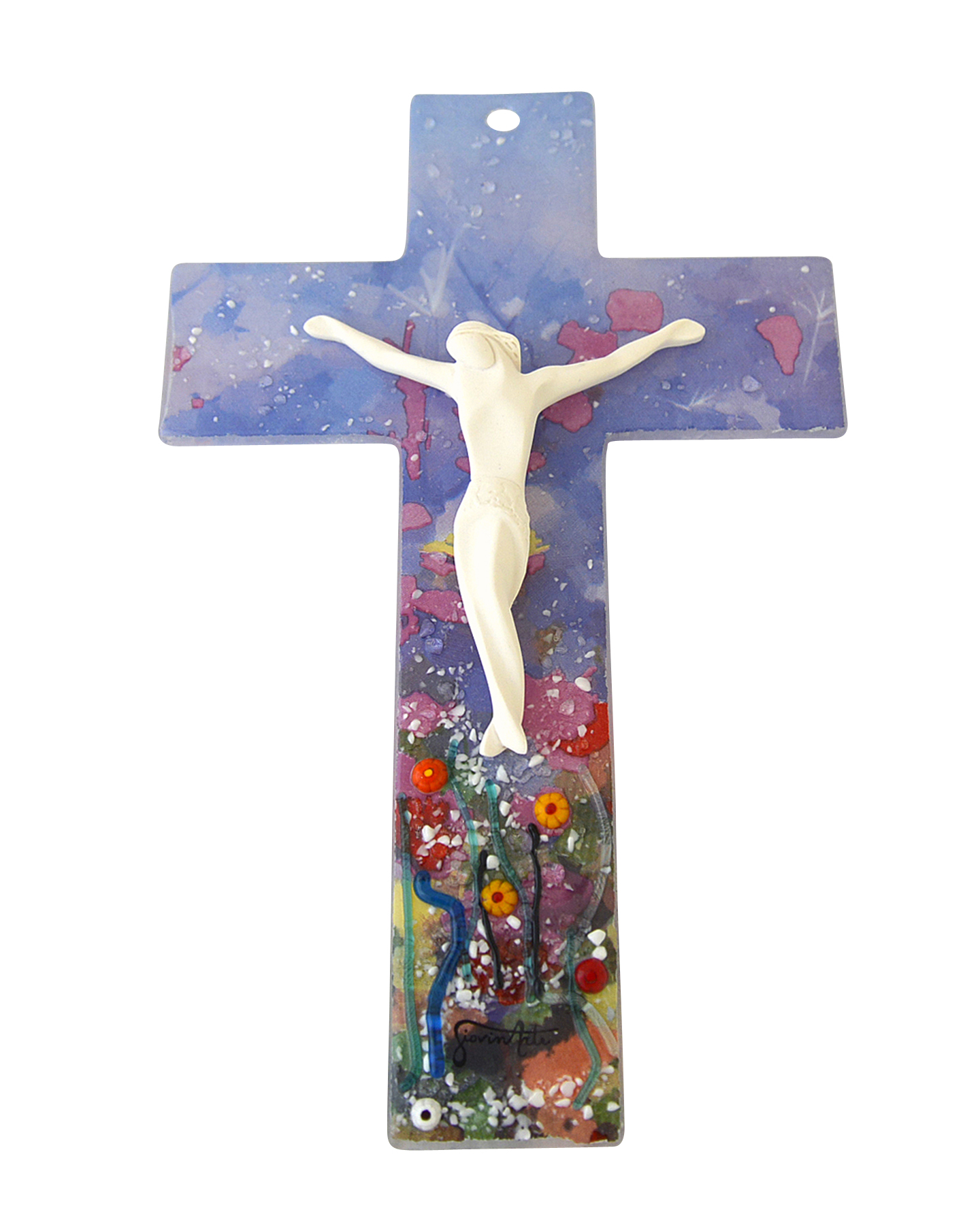 Glaskreuz - Keramikkorpus & Blumen Glaskreuz - Keramikkorpus & Blumen