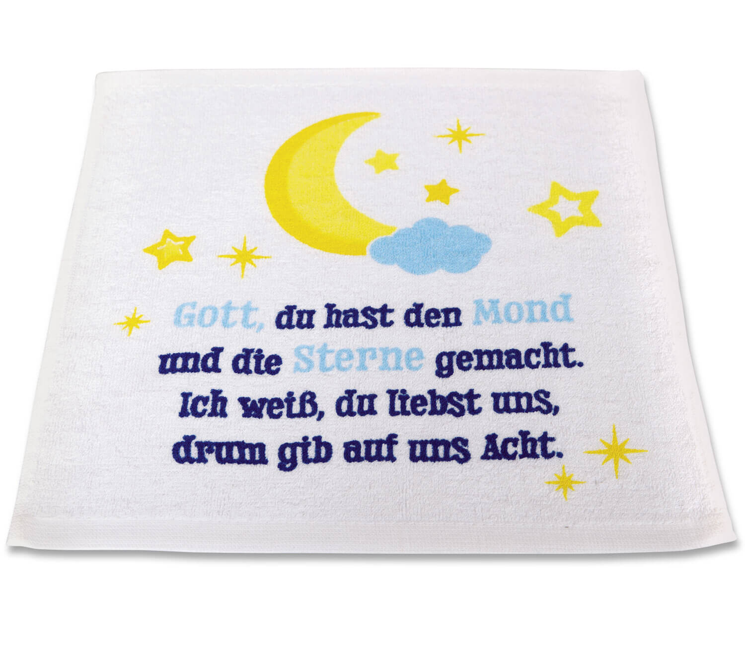 Zusammengepreßtes Mini Handtuch mit Sterne und Abendgebet Aufdruck