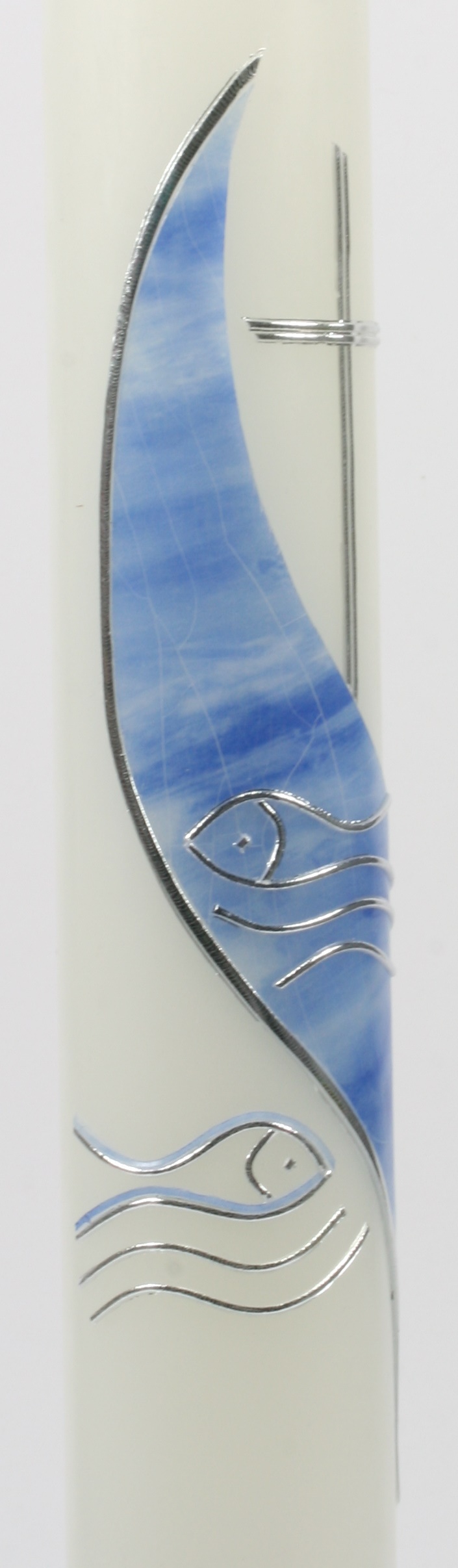 Taufkerze - Blaue Welle, Kreuz & Fische