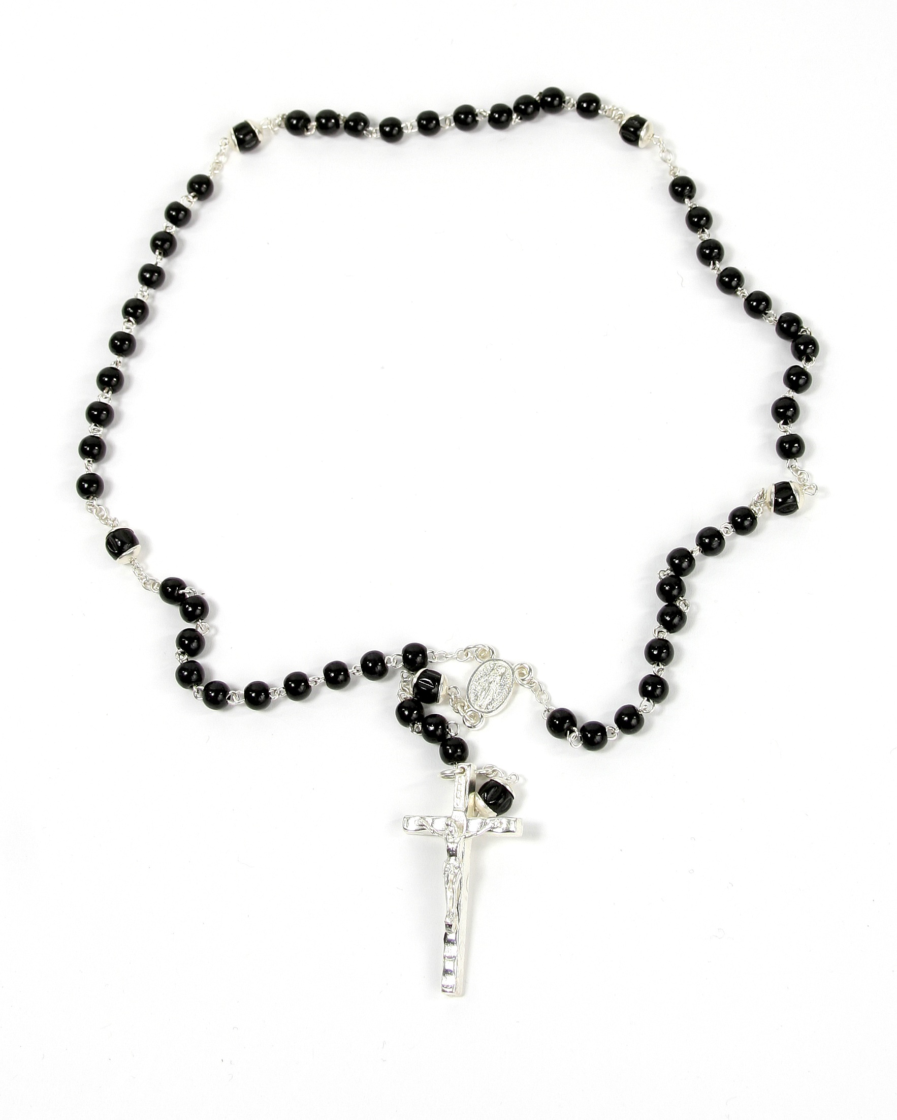 Rosenkranz - Schwarz verzierte Perle & Silberfarbenes Kreuz