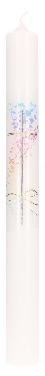 Kommunion/-Taufkerze - Farbsprenkel-Fontäne & Kreuz