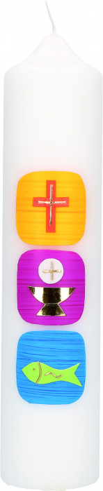 Tischkerze zur Kommunion - Kreuz, Kelch und Fisch in kraftvollen Farben