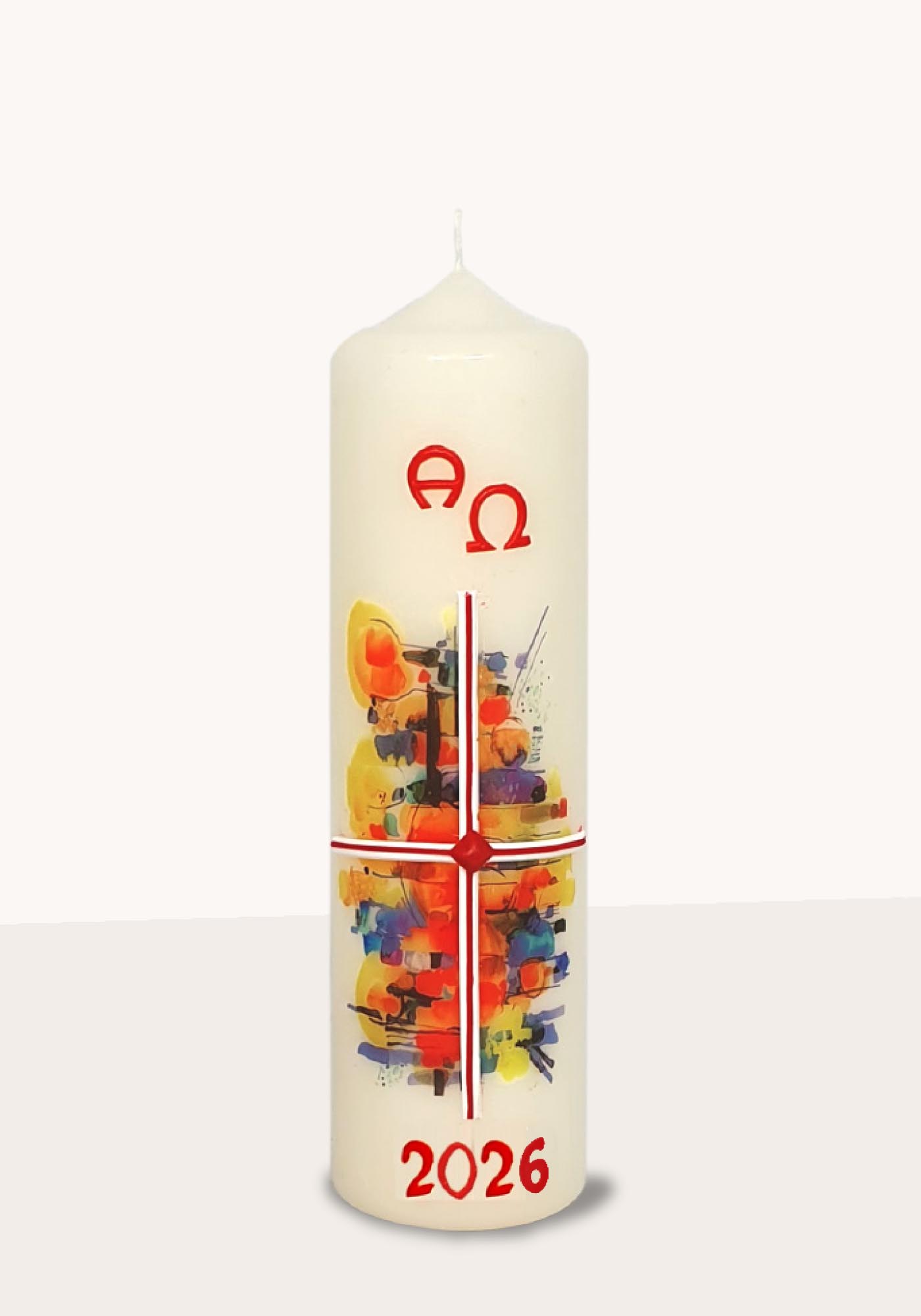 Ostertischkerze - Kreuz & Bunt & mit Jahreszahl