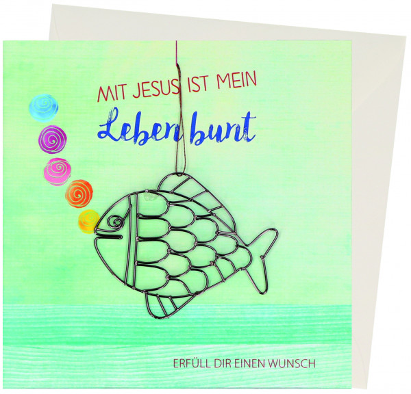 Kommunionkarte mit Geldgeschenk - Mit Jesus ist mein Leben bunt & Draht-Fisch