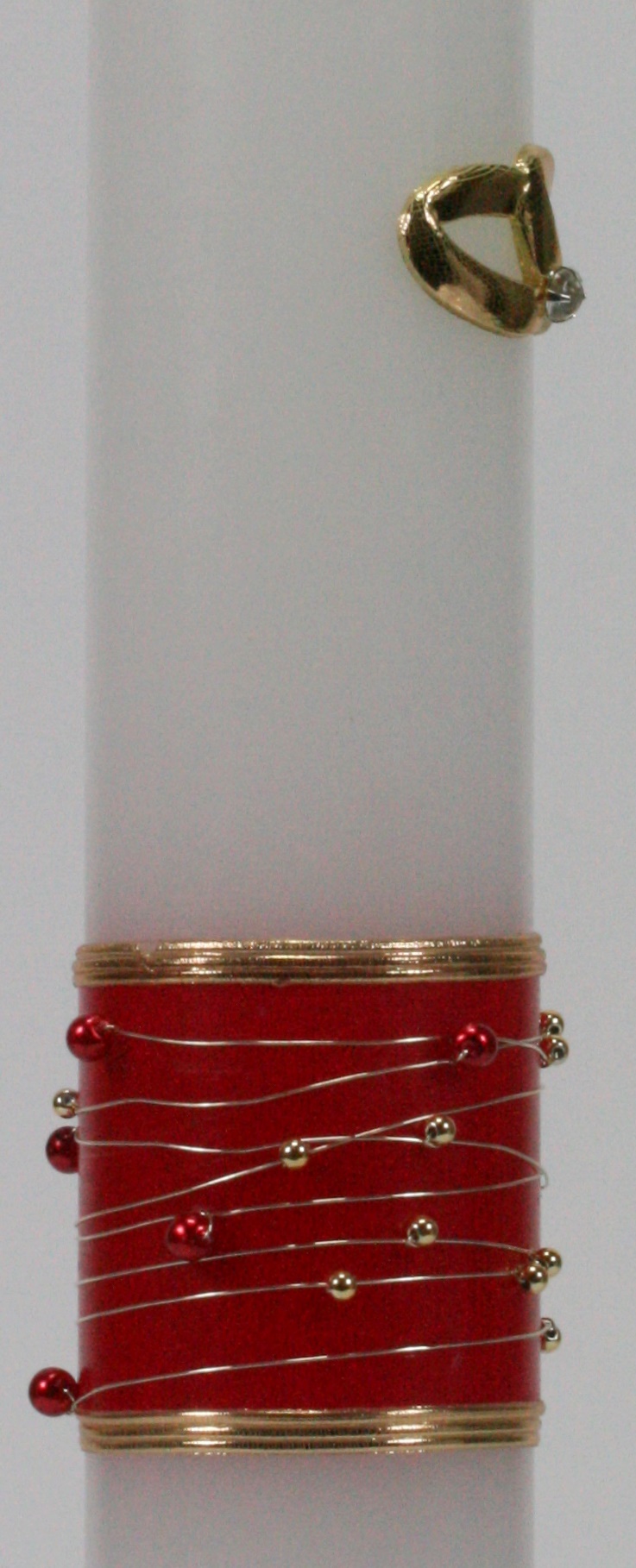 Hochzeitskerze - Goldene Ringe & Rotes Perlenband