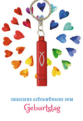 Karte zum Geburtstag - Bunte Herzen & Rote Taschenlampe