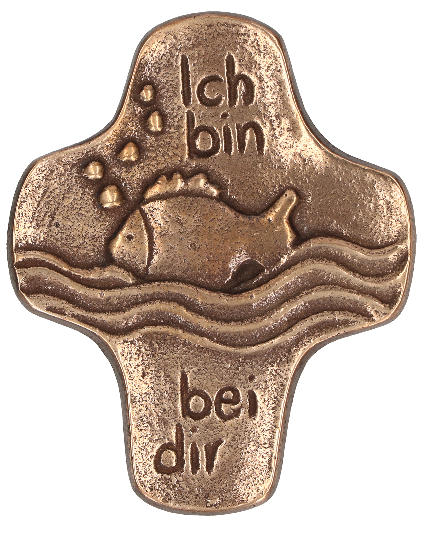 Kommunionkreuz aus Bronze - Ich bin bei dir & Fisch