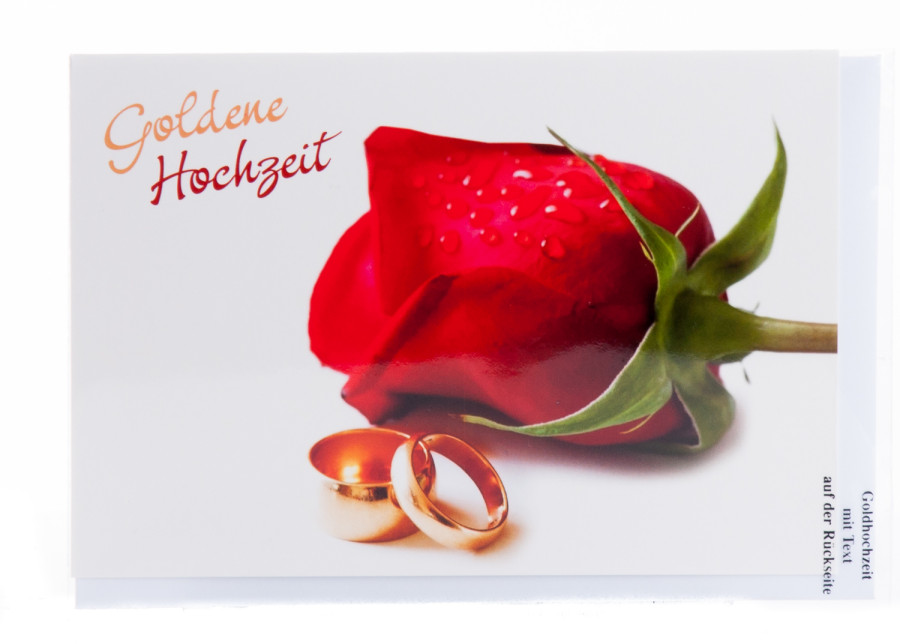 Karte zur Goldhochzeit - Rote Rose und Ringe