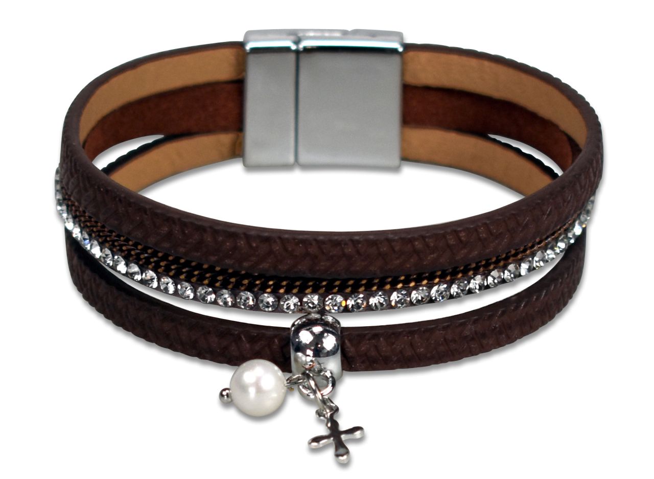 Braunes Armband - Kleines Kreuz, Perlen & Strasssteine