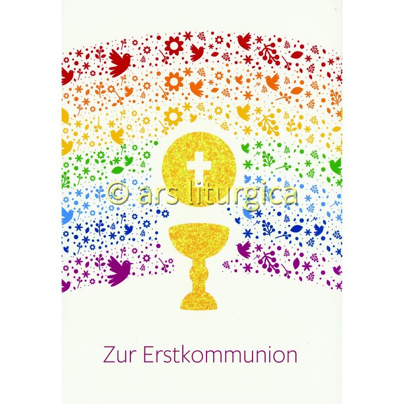 Karte zur Erstkommunion - Regenbogenfarben und Kelch