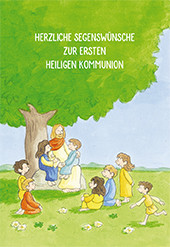Karte zur Kommunion - Jesus mit Kindern unter einem Baum