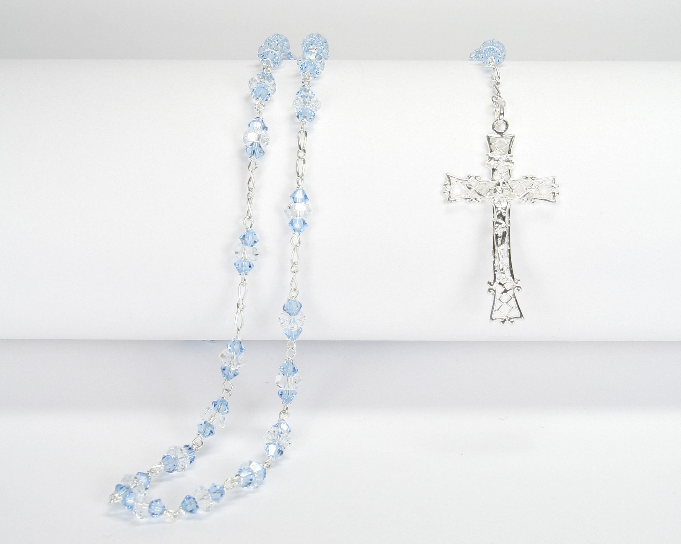 Rosenkranz - Hellblaue Kristall-Perle & Silber-Kreuz