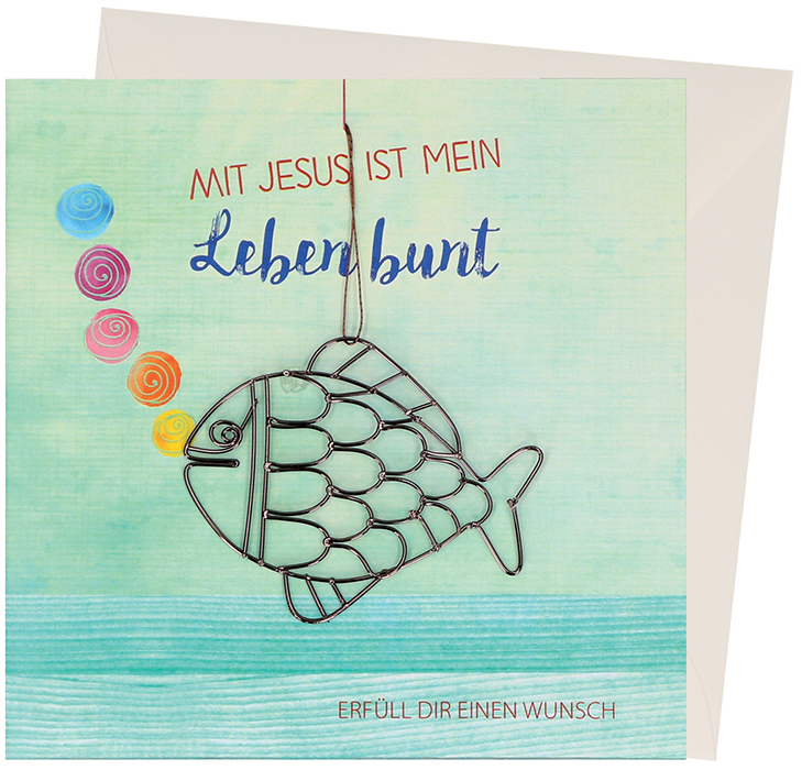 Kommunionkarte mit Geldgeschenk - Mit Jesus ist mein Leben bunt & Draht-Fisch