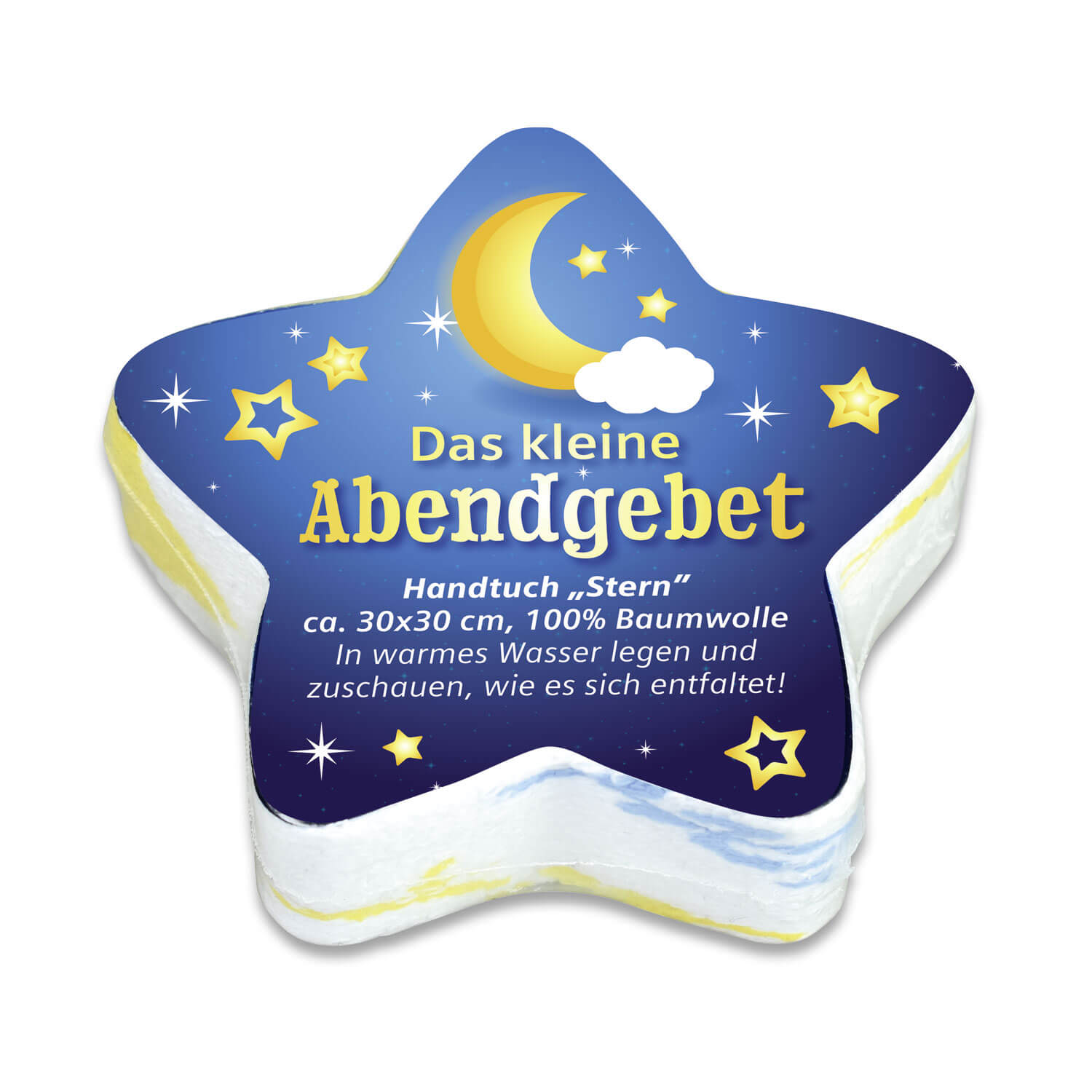 Handtuch - Abendstern & Mond Zusammengepreßtes Mini Handtuch mit Sterne und Abendgebet Aufdruck