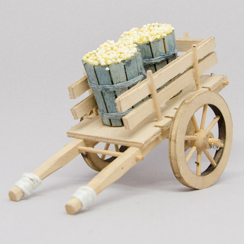 Krippenzubehör - Leiterwagen mit Getreidefässern