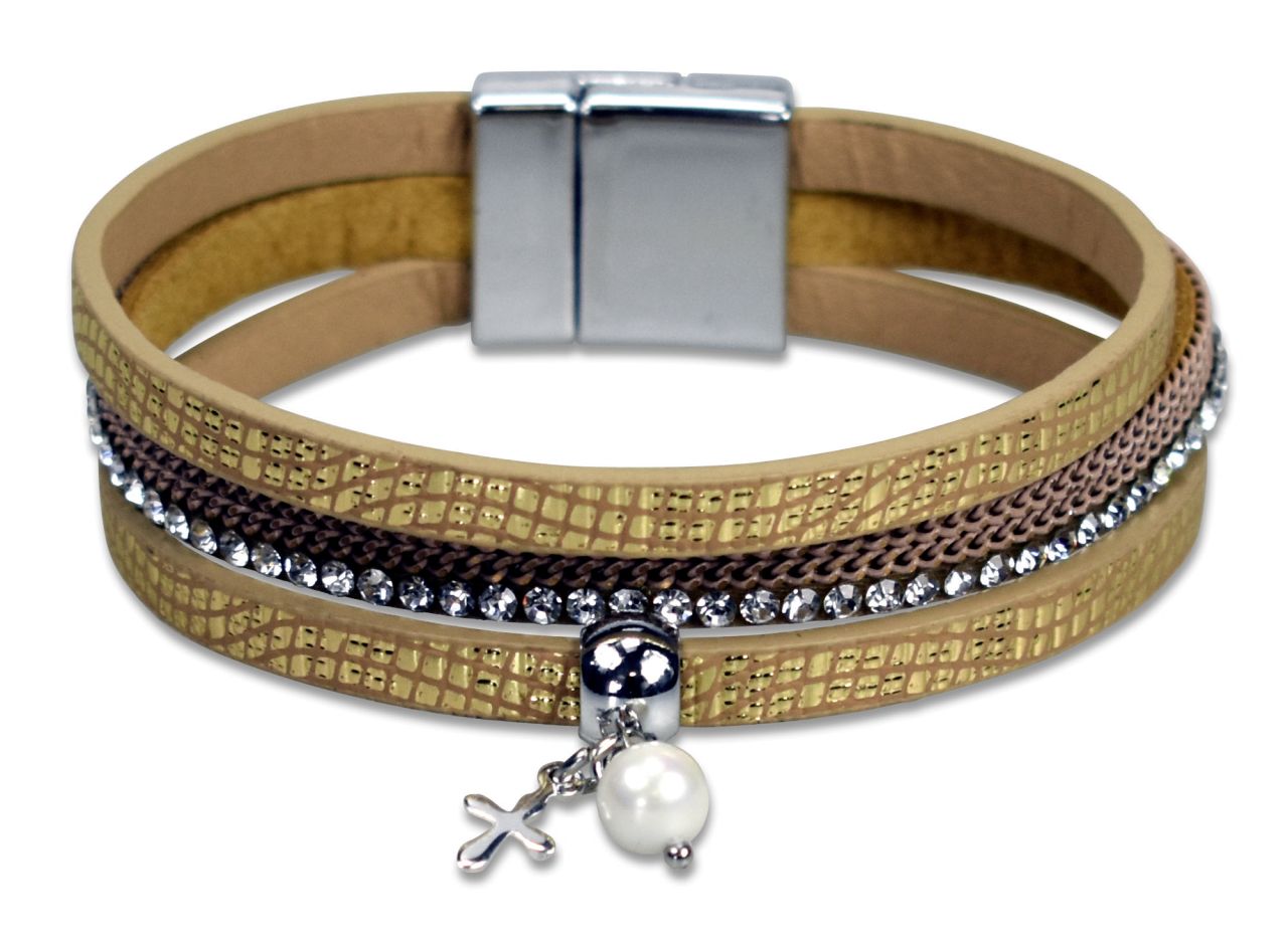 Beigefarbenes Armband - Kleines Kreuz, Perlen & Strasssteine
