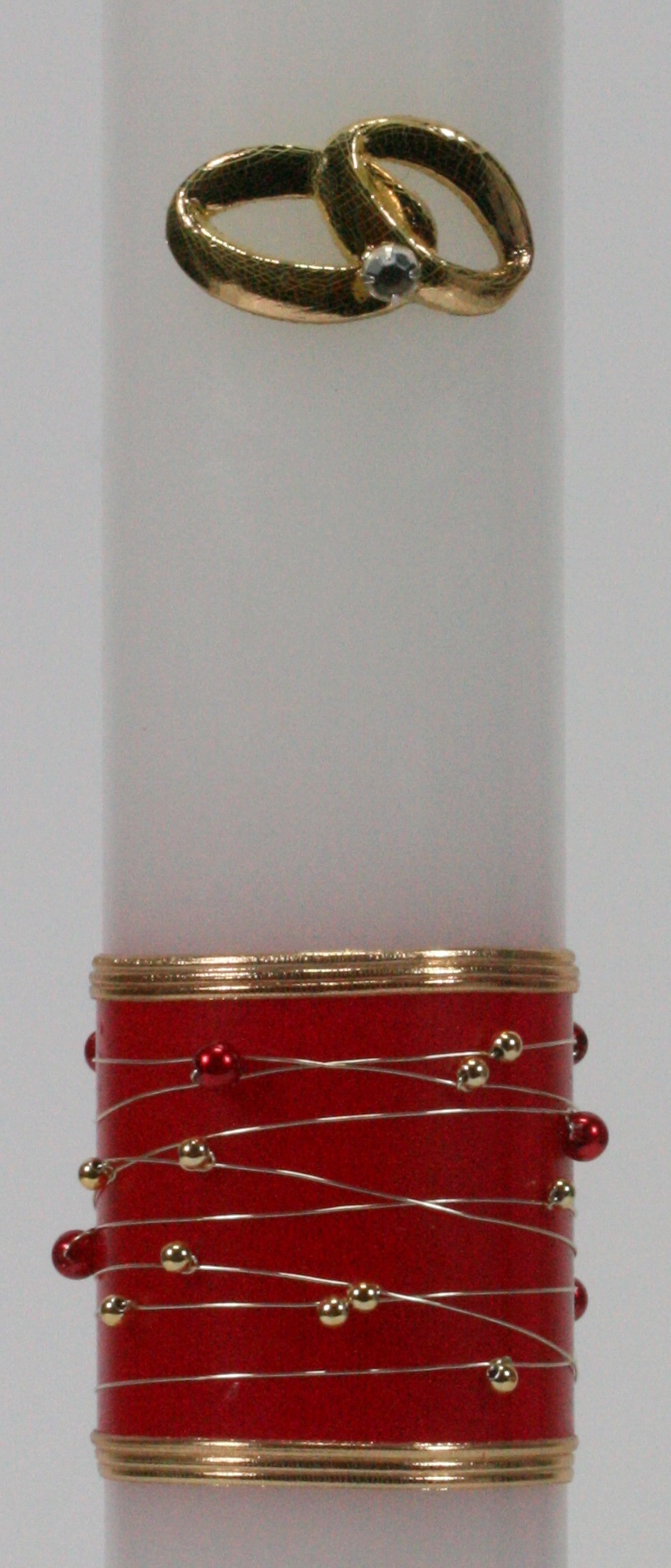 Hochzeitskerze - Goldene Ringe & Rotes Perlenband