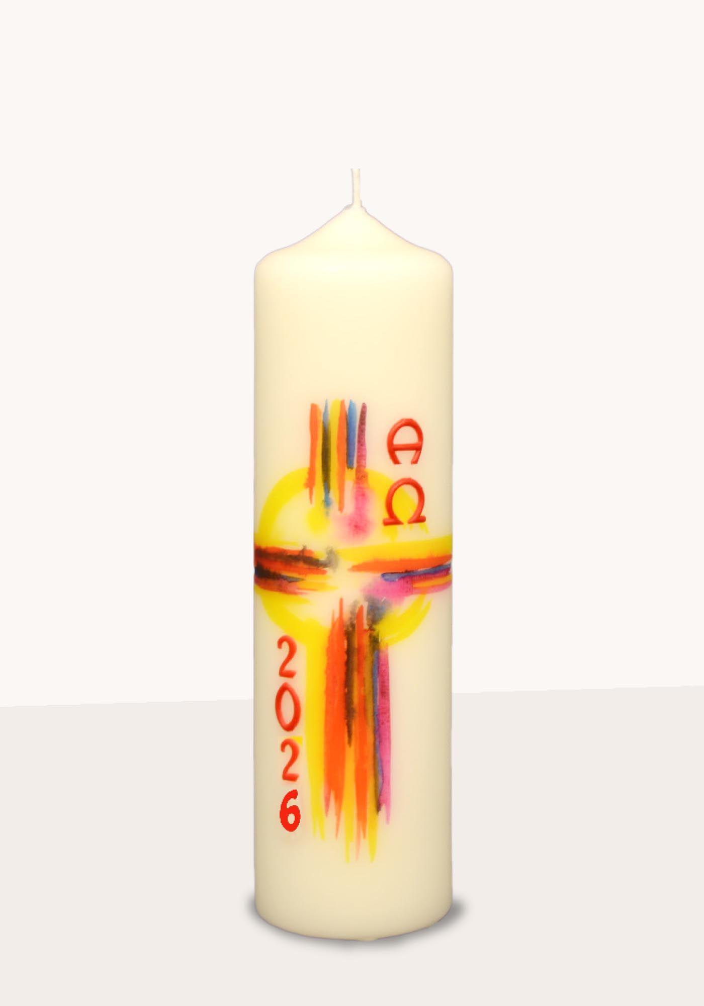 Osterkerze - Buntes Kreuz & mit Jahreszahl 