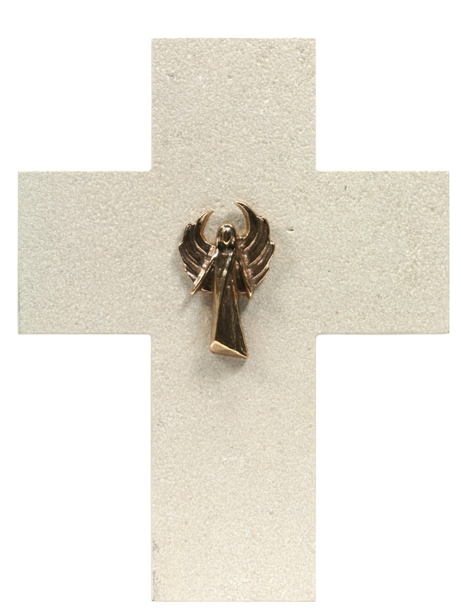 Naturstein-Kreuz -  Moderner Bronzeengel