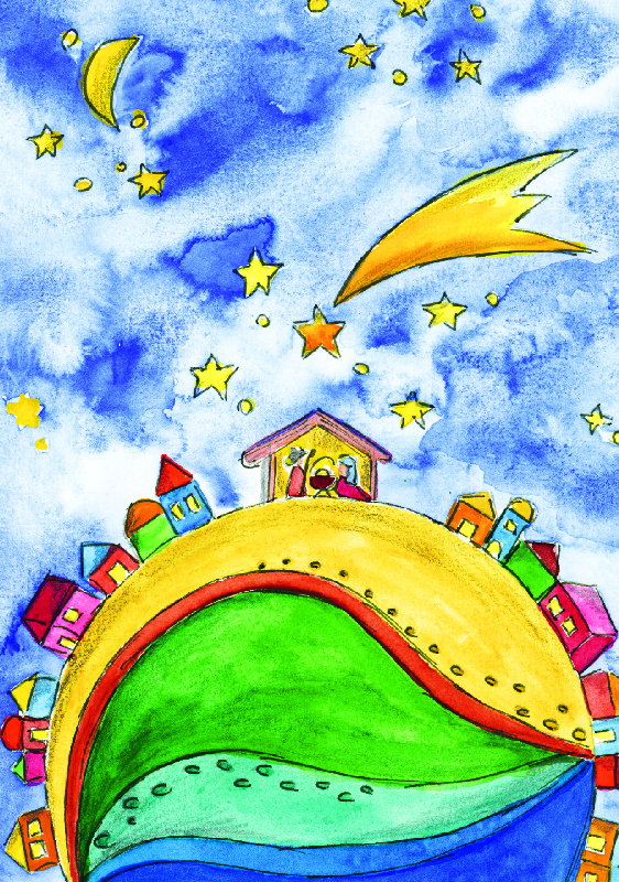 Karte zu Weihnachten – Weltkugel & Sterne