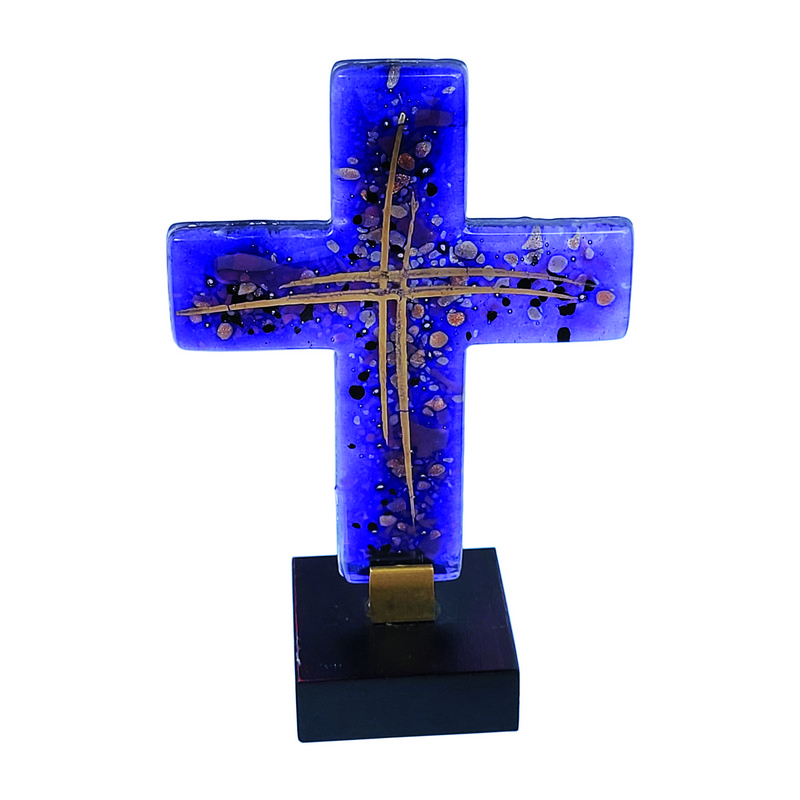 Glaskreuz - Blau-Gold & Holzfuß