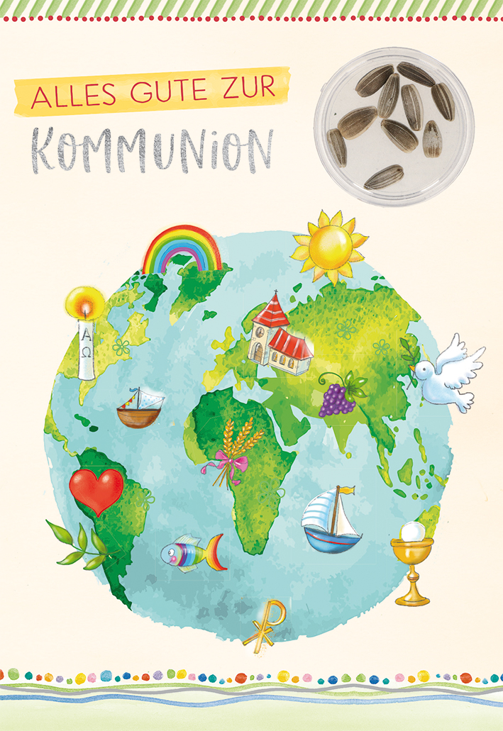 Karte zur Kommunion - Weltkugel & Sonnenblumensamen Karte zur Kommunion - Weltkugel & Sonnenblumensamen