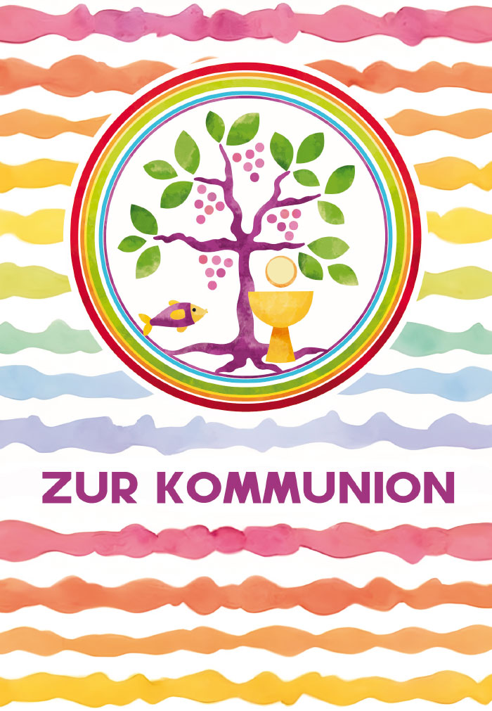 Karte zur Kommunion - Baum & Bunte Wellen