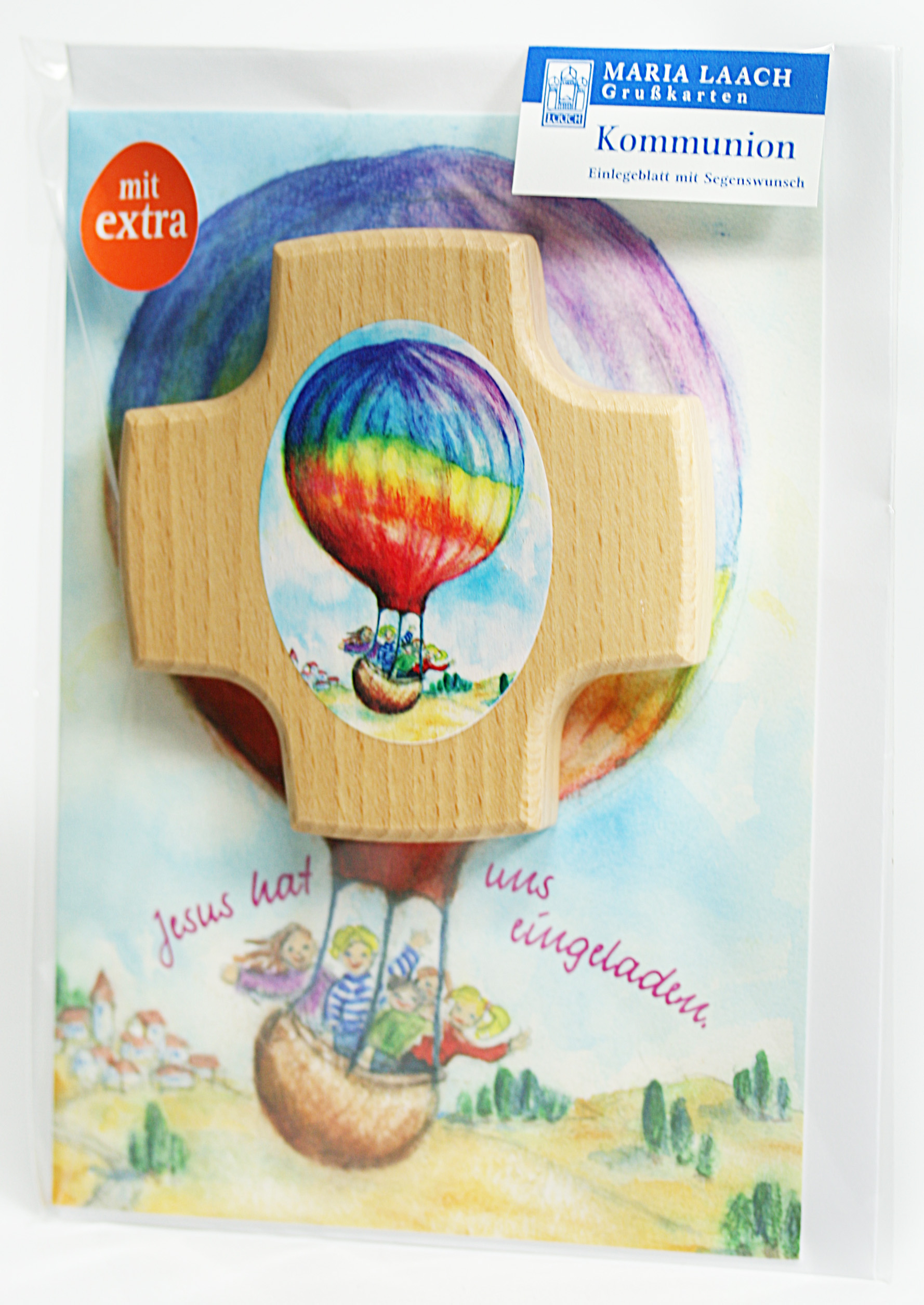 Kommunionkarte - Regenbogenballon & Holzkreuz Kommunionkarte - Regenbogenballon & Holzkreuz