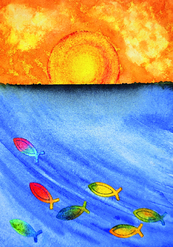 Karte zur Kommunion – Sonne und Fische