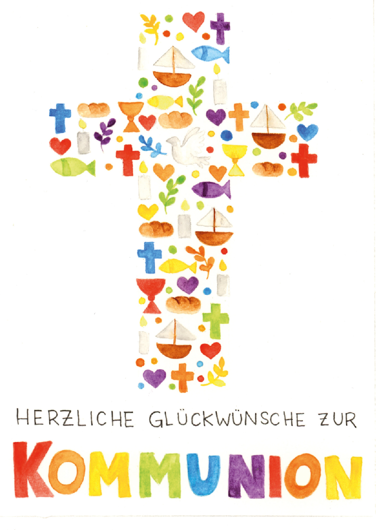 Karte zur Kommunion - Buntes Kreuz & Symbole