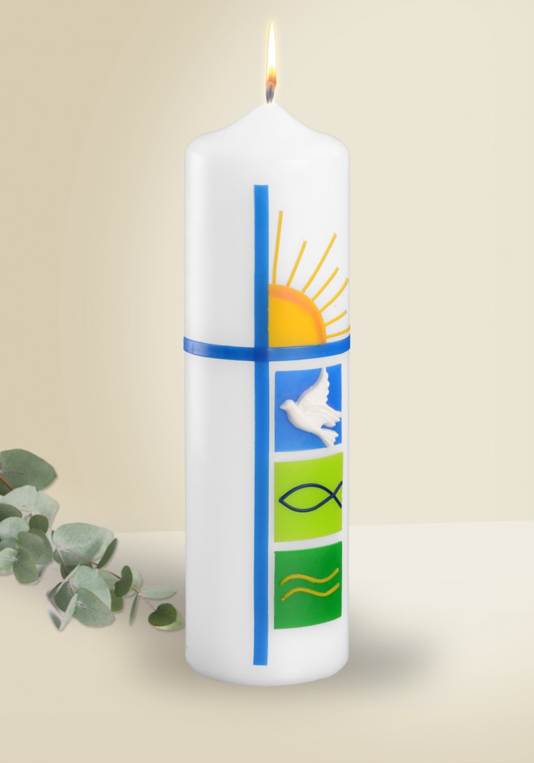 Tischkerze zur Taufe - Blaues Kreuz & Symbole Tischkerze zur Taufe - Blaues Kreuz & Symbole